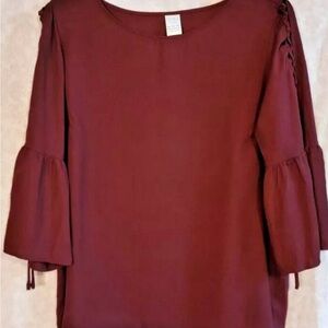 Time and Tru Maroon Bell Sleeve Open Tie Sleeve A-Line Blouse Top Size XL Top